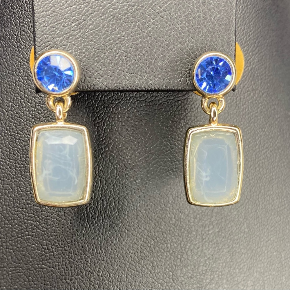 Monet Earring Drop Dangle Posts Blue Gray CZ Gold Toned Signed 1” Modern